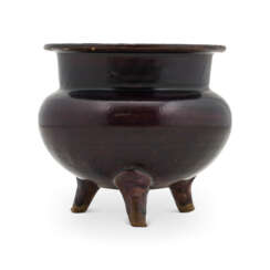 AN AUBERGINE AND TURQUOISE-GLAZED TRIPOD CENSER