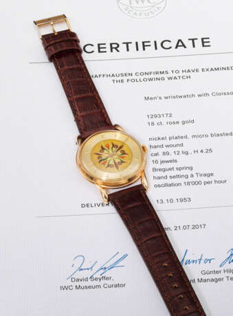 IWC. A RARE AND HIGHLY ATTRACTIVE 18K PINK GOLD WRISTWATCH WITH SWEEP CENTRE SECONDS AND CLOISONN&#201; ENAMEL DIAL - фото 2