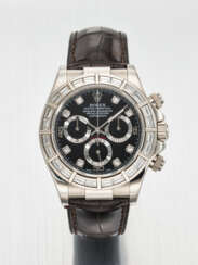 ROLEX. A RARE AND HIGHLY ATTRACTIVE 18K WHITE GOLD AND BAGUETTE DIAMOND-SET AUTOMATIC CHRONOGRAPH WRISTWATCH