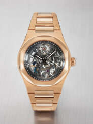 GIRARD-PERREGAUX. A RARE AND HIGHLY ATTRACTIVE 18K PINK GOLD AUTOMATIC SKELETONIZED WRISTWATCH WITH BRACELET