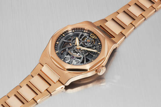 GIRARD-PERREGAUX. A RARE AND HIGHLY ATTRACTIVE 18K PINK GOLD AUTOMATIC SKELETONIZED WRISTWATCH WITH BRACELET - photo 3