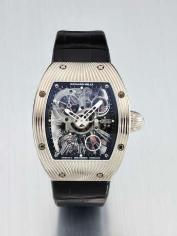 RICHARD MILLE. A UNIQUE 18K WHITE GOLD SKELETONIZED TOURBILLON WRISTWATCH WITH NATURAL MINERAL-SET WHEELS, MADE TO COMMEMORATE THE 150TH ANNIVERSARY OF BOUCHERON - фото 1