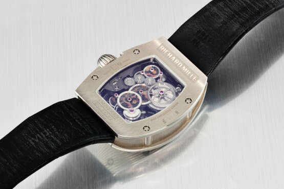 RICHARD MILLE. A UNIQUE 18K WHITE GOLD SKELETONIZED TOURBILLON WRISTWATCH WITH NATURAL MINERAL-SET WHEELS, MADE TO COMMEMORATE THE 150TH ANNIVERSARY OF BOUCHERON - фото 4