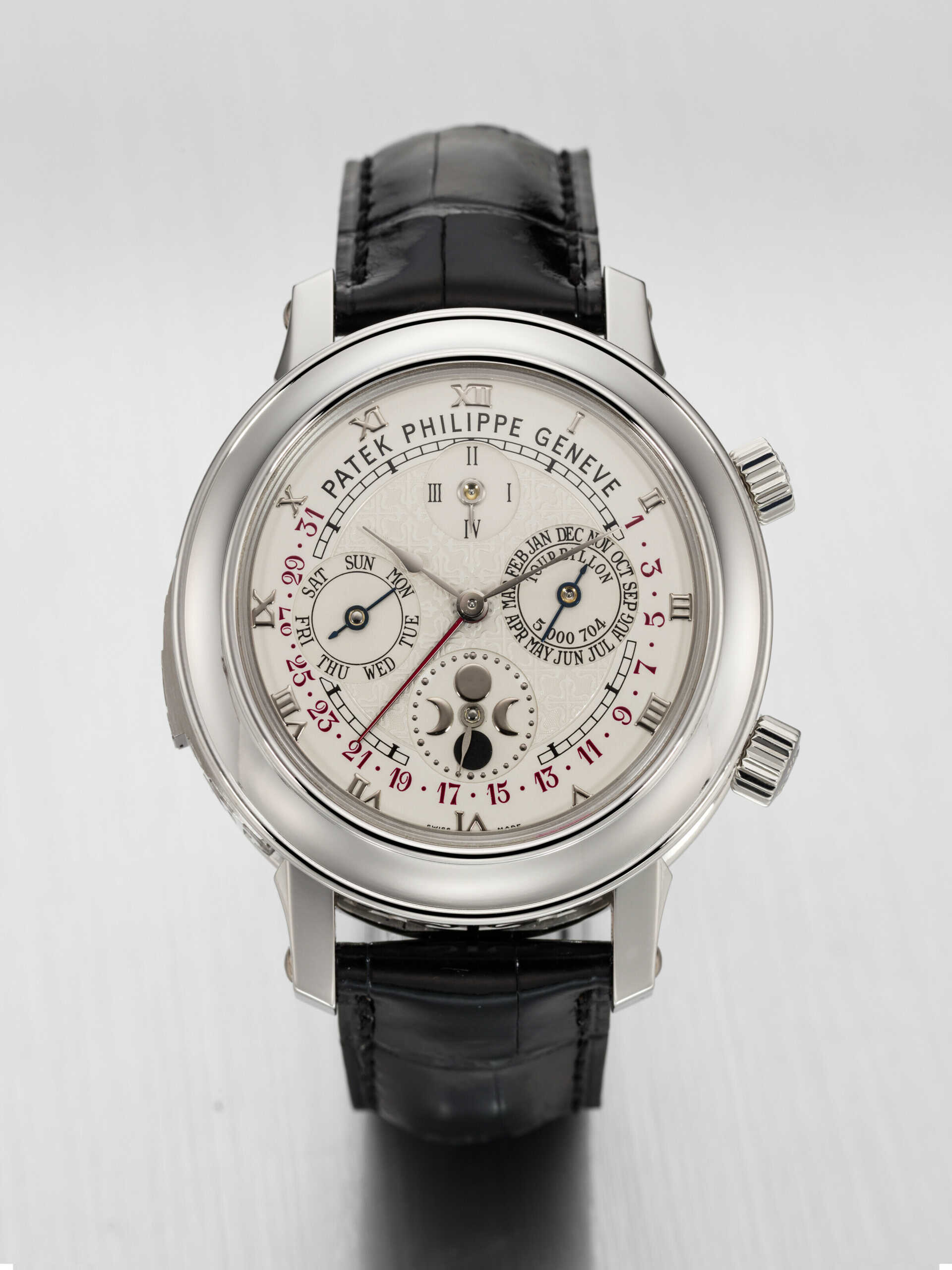 PATEK PHILIPPE. A MAGNIFICENT AND EXTREMELY RARE PLATINUM DOUBLE-DIAL WRISTWATCH WITH TWELVE COMPLICATIONS INCLUDING &#39;CATHEDRAL&#39; MINUTE REPEATING TOURBILLON, PERPERTUAL CALENDAR WITH RETROGRADE DATE, MOON AGE AND ANGULAR MOTION, SIDEREAL TIME AND 
