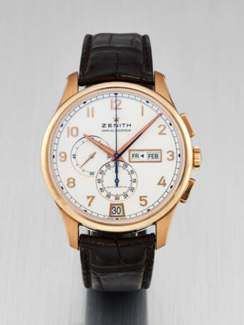 ZENITH. AN ATTRACTIVE 18K PINK GOLD AUTOMATIC ANNUAL CALENDAR CHRONOGRAPH WRISTWATCH - photo 1