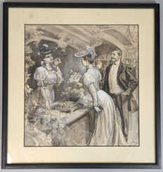 José MARÍN BALDO (1864-1925). Suite de cinq lavis représentant les sujets suivants : Les adieux ; Les enfants sous la neige ; La marchande de fleurs ; L'arrestation ; personnages dans une grotte près du feu