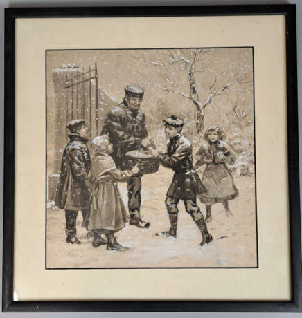 José MARÍN BALDO (1864-1925). Suite de cinq lavis représentant les sujets suivants : Les adieux ; Les enfants sous la neige ; La marchande de fleurs ; L'arrestation ; personnages dans une grotte près du feu - photo 5