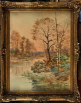 Hippolyte Jean Adam GIDE (1852-1921). Etang au coucher du soleil