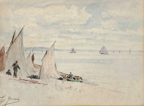 Édouard Étienne JOUAS (XIX-XX) . Les voiliers sur la plage - Foto 1