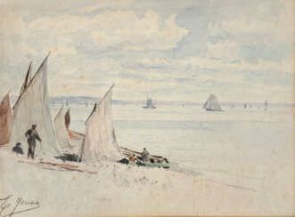 Édouard Étienne JOUAS (XIX-XX) . Les voiliers sur la plage