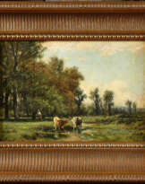 Jean-Baptiste OLIVE (1848-1936). Paysage aux vaches s'abreuvant, fin d'été