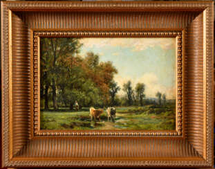 Jean-Baptiste OLIVE (1848-1936). Paysage aux vaches s'abreuvant, fin d'été