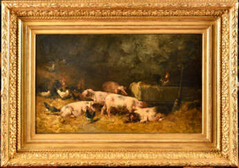 Alexandre DEFAUX (1826-1900). Poules et cochons à l'étable