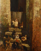 Charles Emile JACQUE (FRANCE/ 1813-1894). Poules sur les marches d'une ferme