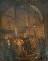 ÉCOLE FRANÇAISE VERS 1900. Scène de rue nocturne