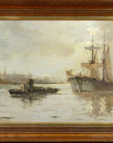 Leon ZEYTLINE (1885-1962). Voilier et remorqueur dans un port