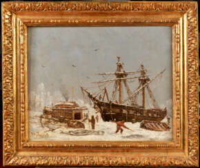Joseph SUCHET (1824-1896). Scène portuaire en hiver