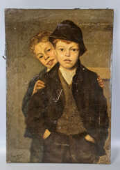 Reginald HEYN (ALLEMAGNE/ XIXè SIECLE). Deux garçons posant devant un mur de graffiti, 1883