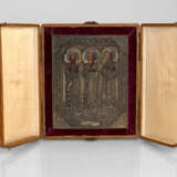 AN ICON OF ST SAMON, GURY AND AVIV IN SILVER OKLAD WITH ENAMEL HALOS AND ORIGINAL WOODEN KIOT - фото 1