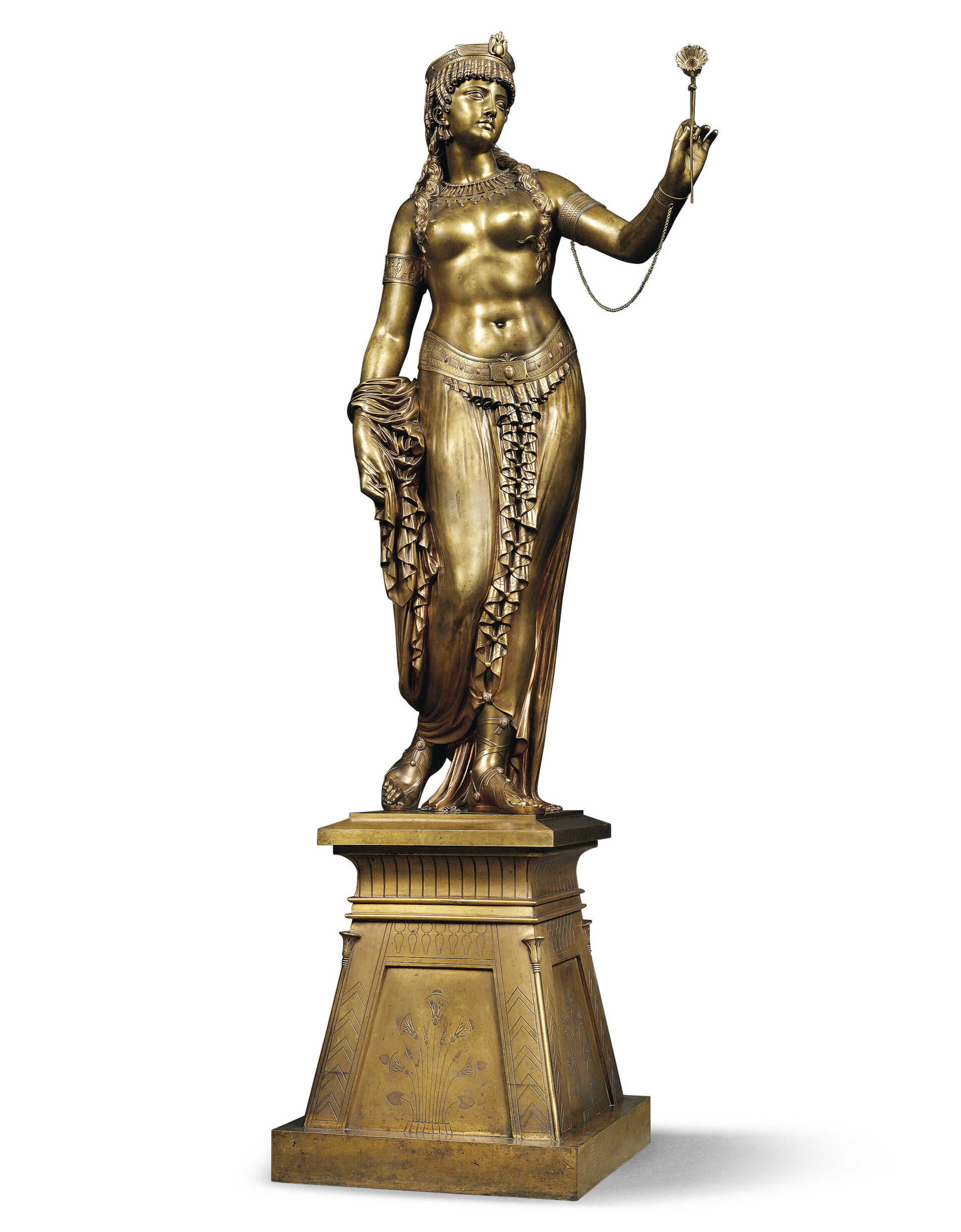A FRENCH LIFE-SIZE GILT-BRONZE FIGURE OF CLEOPATRA, ENTITLED &#39;CLEOPATRE DEVANT CESAR&#39; (CLEOPATRA BEFORE CAESAR)