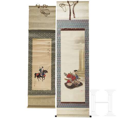 Zwei japanische Kakemono-Rollbilder mit Samurais, Edo-/Meiji-Zeit - Foto 1