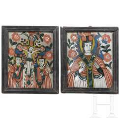 Zwei Hinterglasbilder (Ikonen) - Heiliger Nikolaus und Kreuzigung Christi, Siebenbürgen, Nicula, spätes 19. Jhdt.