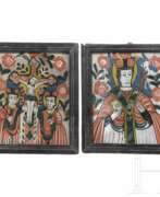 Religious art. Zwei Hinterglasbilder (Ikonen) - Heiliger Nikolaus und Kreuzigung Christi, Siebenbürgen, Nicula, spätes 19. Jhdt.
