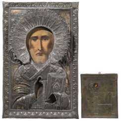 Zwei Ikonen mit Oklad - Heiliger Nikolaus von Myra und Heiliger Georg, Russland, 20. Jhdt.