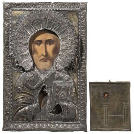 Zwei Ikonen mit Oklad - Heiliger Nikolaus von Myra und Heiliger Georg, Russland, 20. Jhdt. - фото 1