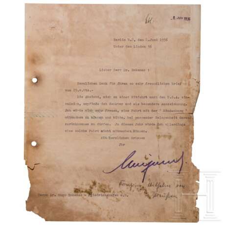 Kronprinz Wilhelm von Preußen (1882 - 1951) - signierter Brief an Dr. Hugo Eckener, 1936 - фото 1