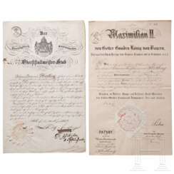 König Maximilian II. - Patent zum Unterlieutenant für Johann Freiherr von Hertling und weiteres Schreiben, 1853/1852