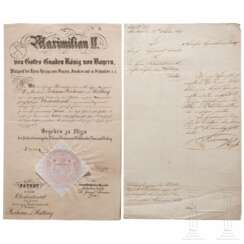 König Maximilian II. - Patent zum Oberlieutenant für Johann Freiherr von Hertling und weiteres Schreiben, 1862/1857