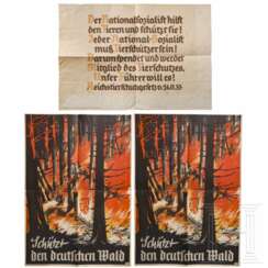 Zwei Plakate "Schützt den deutschen Wald" und ein Werbeplakat des Tierschutzvereins München