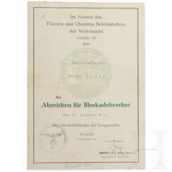 Urkunde zum Abzeichen für Blockadebrecher