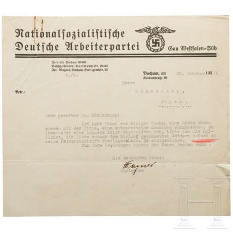 Gauleiter Josef Wagner - signierter Brief, 1931 - photo 1