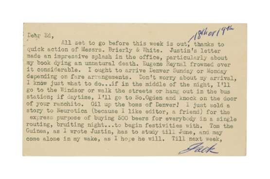 Kerouac, Jack | Typed postcard signed to Ed White; selling stories to buy to buy "500 beers for everybody" - photo 1
