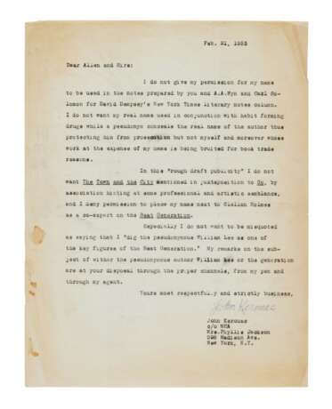 Kerouac, Jack | Typed letter signed to Allen Ginsberg, refusing to help promote Junkie - Foto 1