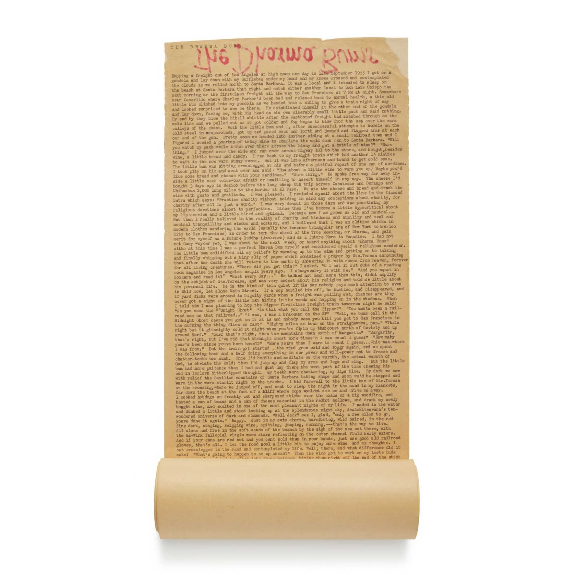 Kerouac, Jack | Typescript scroll of The Dharma Bums. Typed by Kerouac in Orlando, Florida, 1957, published by Viking in 1958