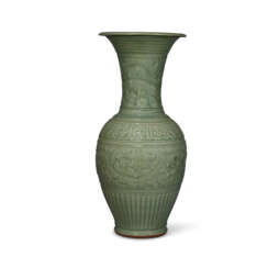 A LARGE MOULDED AND CARVED LONGQUAN CELADON ‘FLORAL’ PHOENIX-TAIL VASE
