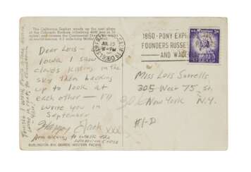 Kerouac, Jack | Autograph picture postcard signed to Lois Sorrells, describing his journey to Big Sur