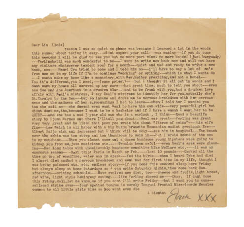 Kerouac, Jack | Typed letter signed to Lois Sorrells, on about Ferlinghetti, Cassady, and his nervous collapse in Big Sur - Foto 1