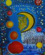 Peinture acrylique. The moon and garlands of tomatoes.