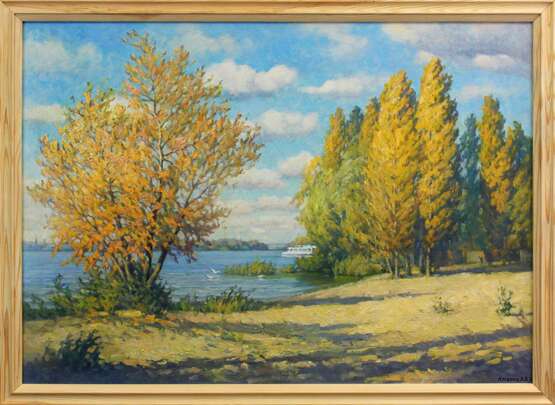 Осенний Днепр. Пляж. Canvas Oil Realism Landscape painting Ukraine 2023 - photo 2