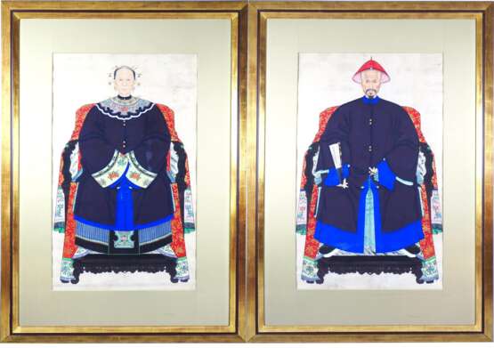 Paar große Porträts, chinesische Würdenträger / Mandarin (Beamte), Qing-Dynastie wohl 18./19. Jh. - Foto 1