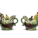 A PAIR OF GREEN, YELLOW AND AUBERGINE-GLAZED BISCUIT HEN-FORM EWERS AND COVERS - photo 2