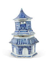 A BLUE AND WHITE PAGODA-FORM JAR AND COVER