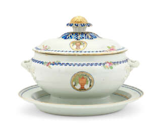 A FAMILLE ROSE OVAL TUREEN, COVER AND STAND