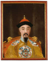 A REVERSE-GLASS PAINTING DEPICTING A MAN IN A YELLOW DRAGON ROBE