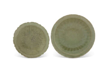 TWO LONGQUAN CELADON FOLIATED CHARGERS