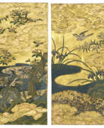 Gold ground. A SET OF TWO MINIATURE BIRDS-AND-FLOWERS PAINTINGS